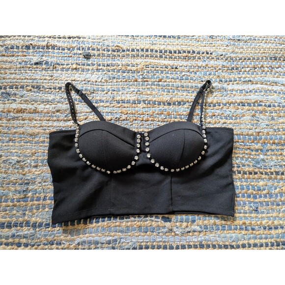 Haute Monde Cropped Bustier Top Large Rhinestones Bling Elastic Stretch Back - Picture 4 of 9